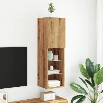 Comodă TV cu lumini LED, stejar artizanal, 30,5x30x102 cm - Img 4