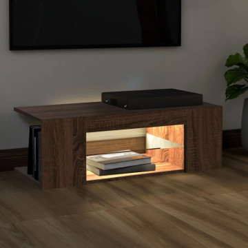 Comodă TV cu lumini LED, stejar maro, 90x39x30 cm - Img 8