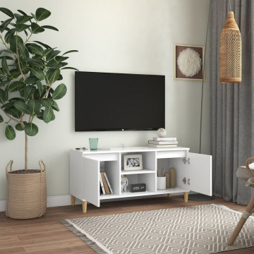 Comodă TV cu picioare din lemn masiv, alb, 103,5x35x50 cm - Img 3
