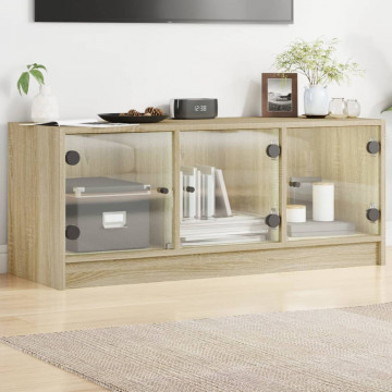 Comodă TV cu uși din sticlă, stejar sonoma, 102x37x42 cm - Img 1