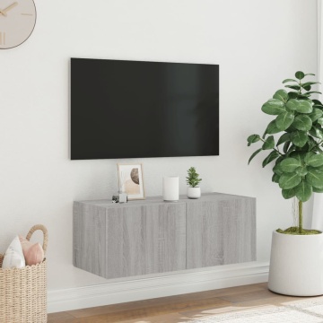 Comodă TV de perete cu lumini LED, gri sonoma, 80x35x31 cm - Img 4