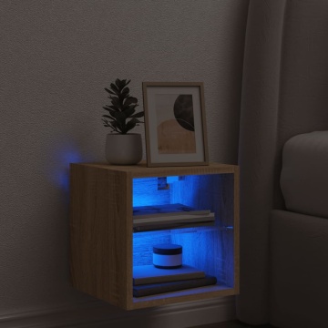 Comodă TV de perete cu lumini LED, stejar sonoma 30x28,5x30 cm - Img 3
