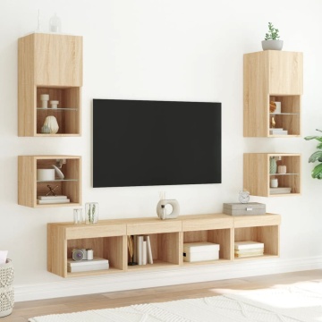 Comodă TV de perete cu lumini LED, stejar sonoma 30x28,5x30 cm - Img 8