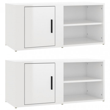 Comode TV, 2 buc., alb extralucios 80x31,5x36 cm lemn prelucrat - Img 2