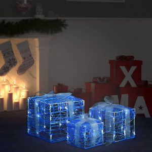Cutii cadou de Crăciun decorative, 3 buc., alb rece, acril