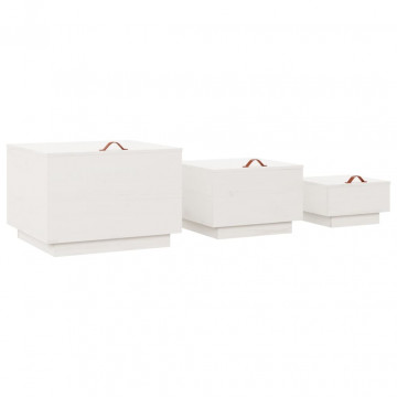 Cutii de depozitare cu capace, 3 buc., alb, lemn masiv de pin - Img 8