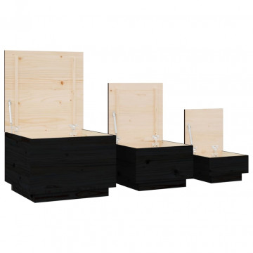 Cutii de depozitare cu capace 3 buc. negru lemn masiv de pin - Img 5