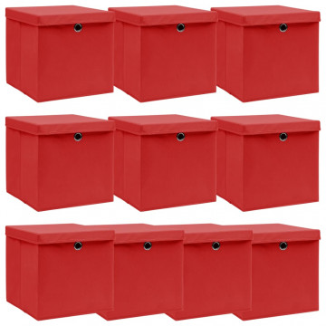 Cutii depozitare cu capace, 10 buc., roșu, 32x32x32 cm, textil - Img 1