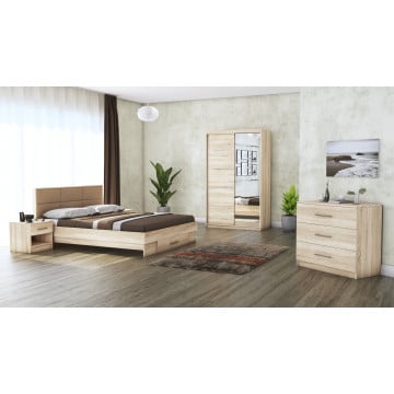Dormitor Solano, sonoma, dulap 120 cm, pat cu tablie tapitata camel 160×200 cm, 2 noptiere, comoda - Img 1