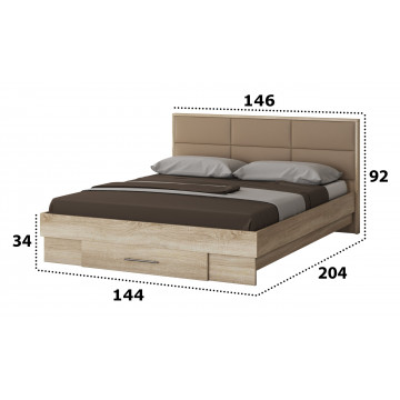 Dormitor Solano, sonoma, dulap 120 cm, pat cu tablie tapitata camel 140×200 cm, 2 noptiere, comoda - Img 5