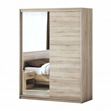 Dormitor Solano, sonoma, dulap 150 cm, pat cu tablie tapitata camel 140×200 cm, 2 noptiere, comoda - Img 8