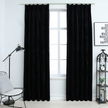 Draperii opace cu cârlige, 2 buc., negru, 140x175 cm, catifea - Img 1