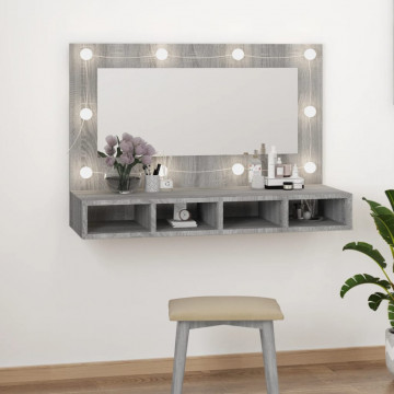 Dulap cu oglindă și LED, gri sonoma, 90x31,5x62 cm - Img 1