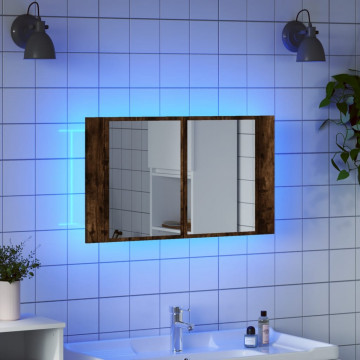 Dulap de baie cu oglindă și LED, stejar fumuriu, 80x12x45 acril - Img 4