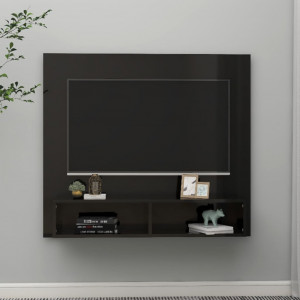 Dulap TV montat pe perete negru extralucios 102x23,5x90 cm PAL - Img 3