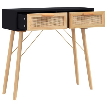 Masă consolă negru 80x30x75 cm lemn masiv pin și ratan natural - Img 3