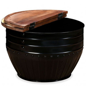 Măsuță de cafea în formă de butoi negru lemn masiv reciclat - Img 3