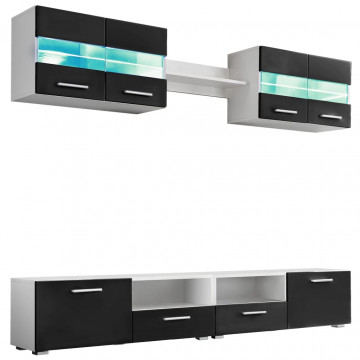 Mobilier sufragerie, spațiu TV 5 piese, lumini LED Negru lucios - Img 2