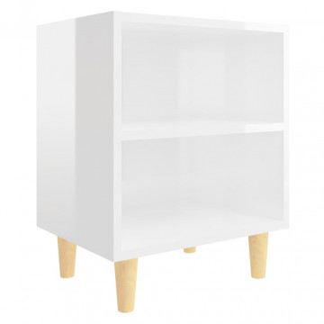 Noptiere cu picioare lemn, 2 buc, alb extralucios, 40x30x50 cm - Img 4