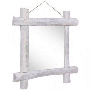 Oglindă cu ramă din bușteni, alb, 70x70 cm, lemn masiv reciclat - Img 3