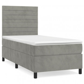 Pat box spring cu saltea, gri deschis, 100x200 cm, catifea - Img 2