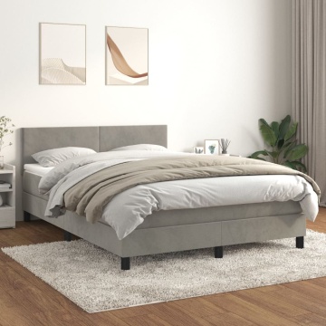 Pat box spring cu saltea, gri deschis, 140x190 cm, catifea - Img 1