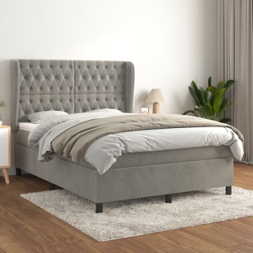 Pat box spring cu saltea, gri deschis, 140x200 cm, catifea - Img 1