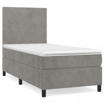 Pat box spring cu saltea, gri deschis, 90x190 cm, catifea - Img 2