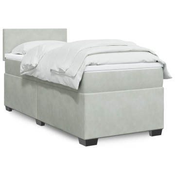 Pat box spring cu saltea, gri deschis, 90x200 cm, catifea - Img 1