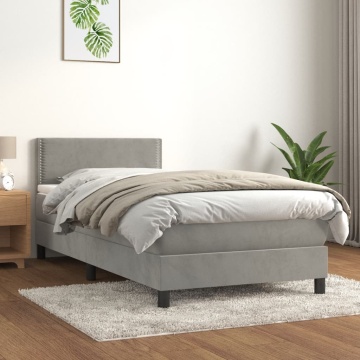Pat box spring cu saltea, gri deschis, 90x200 cm, catifea - Img 1