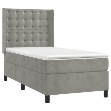 Pat box spring cu saltea, gri deschis, 90x200 cm, catifea - Img 3