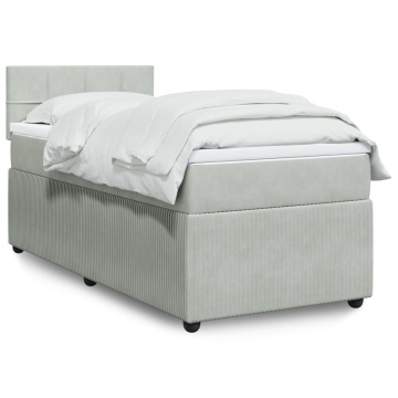 Pat box spring cu saltea, gri deschis, 90x200 cm, catifea - Img 1