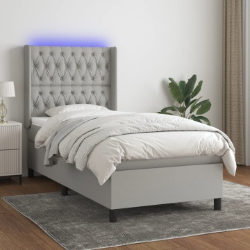Pat cu arcuri, saltea și LED, gri deschis, 90x190 cm, textil - Img 1
