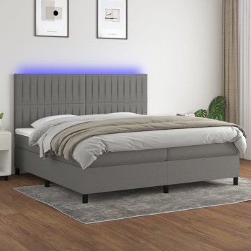 Pat cu arcuri, saltea și LED, gri închis, 200x200 cm, textil - Img 1