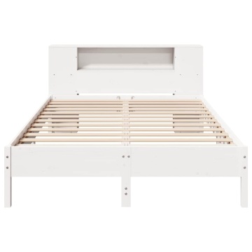 Pat cu bibliotecă fără saltea, alb, 140x190 cm, lemn masiv pin - Img 4