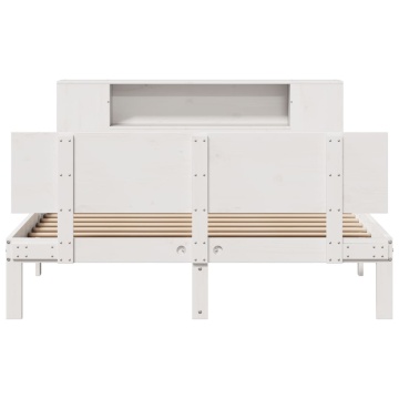 Pat cu bibliotecă fără saltea, alb, 140x190 cm, lemn masiv pin - Img 4