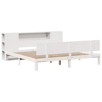 Pat cu bibliotecă fără saltea, alb, 200x200 cm, lemn masiv pin - Img 3