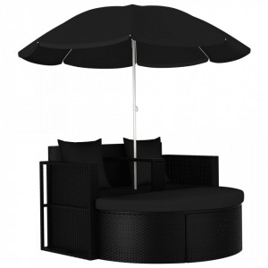 Pat de grădină cu umbrelă de soare, negru, poliratan - Img 1
