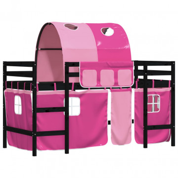 Pat etajat de copii cu tunel, roz, 90x200 cm, lemn masiv pin - Img 4