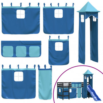 Pat etajat de copii cu turn albastru 80x200 cm lemn masiv pin - Img 7