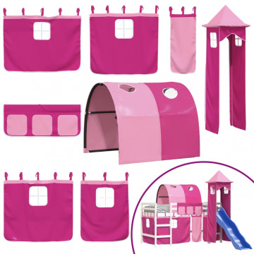 Pat etajat de copii cu turn, roz, 90x190 cm, lemn masiv pin - Img 7