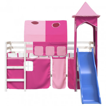 Pat etajat de copii cu turn, roz, 90x190 cm, lemn masiv pin - Img 8