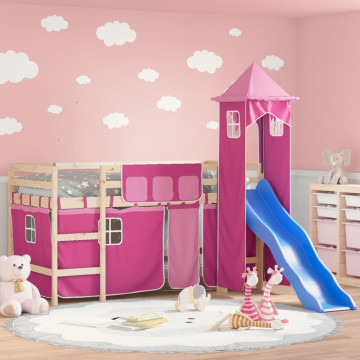Pat etajat de copii cu turn, roz, 90x200 cm, lemn masiv pin - Img 1