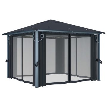 Pavilion cu perdele & șiruri lumini LED antracit 3x3 m aluminiu - Img 5