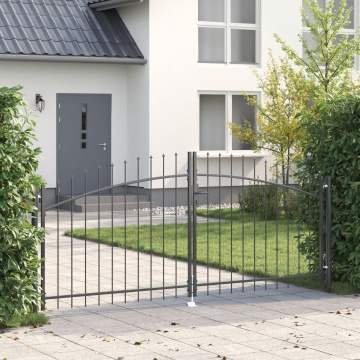 Poartă de Grădină cu Vârf în Formă de Lance Dublă Swing Gri 125x300 cm Oțel - Img 1