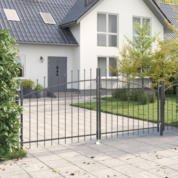 Poartă de Grădină cu Vârf în Formă de Lance Dublă Swing Gri 125x300 cm Oțel - Img 3