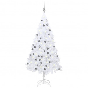 Pom de Crăciun artificial cu LED-uri/globuri, alb, 120 cm PVC - Img 1