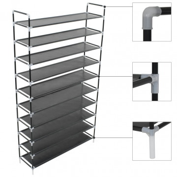 Raft pantofi 10 etajere, Metal și material textil nețesut Negru - Img 1