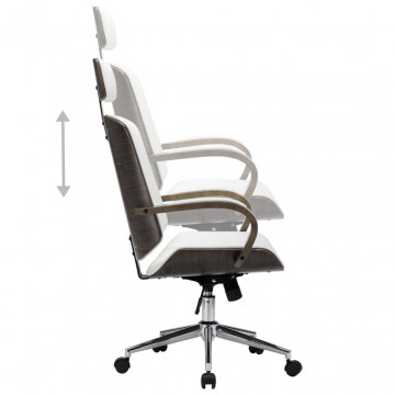 Scaun de birou rotativ, alb, piele ecologică și lemn curbat - Img 3
