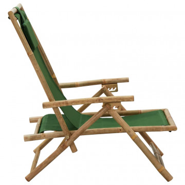 Scaun rabatabil de relaxare, verde, bambus & țesătură - Img 3